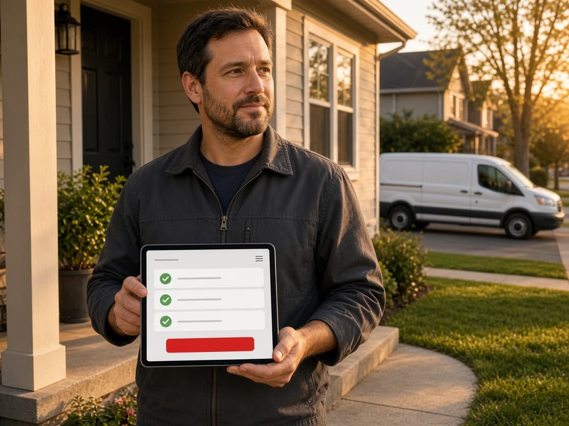 A field technician with a tablet at a customer doorway
