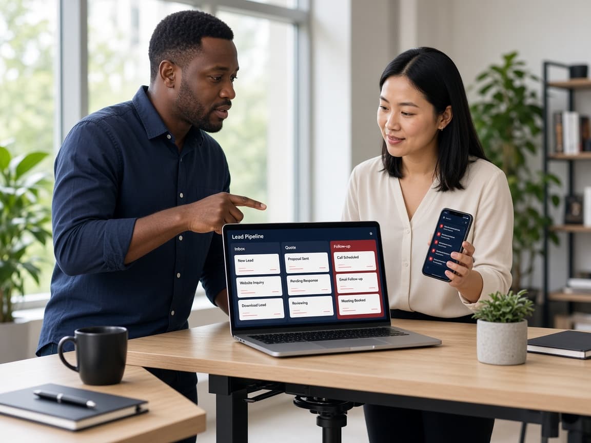 Staff reviewing a lead pipeline on a laptop in the office